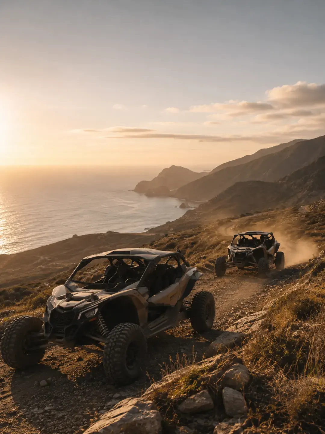 Buggies Can-Am en ruta de montaña costera al atardecer