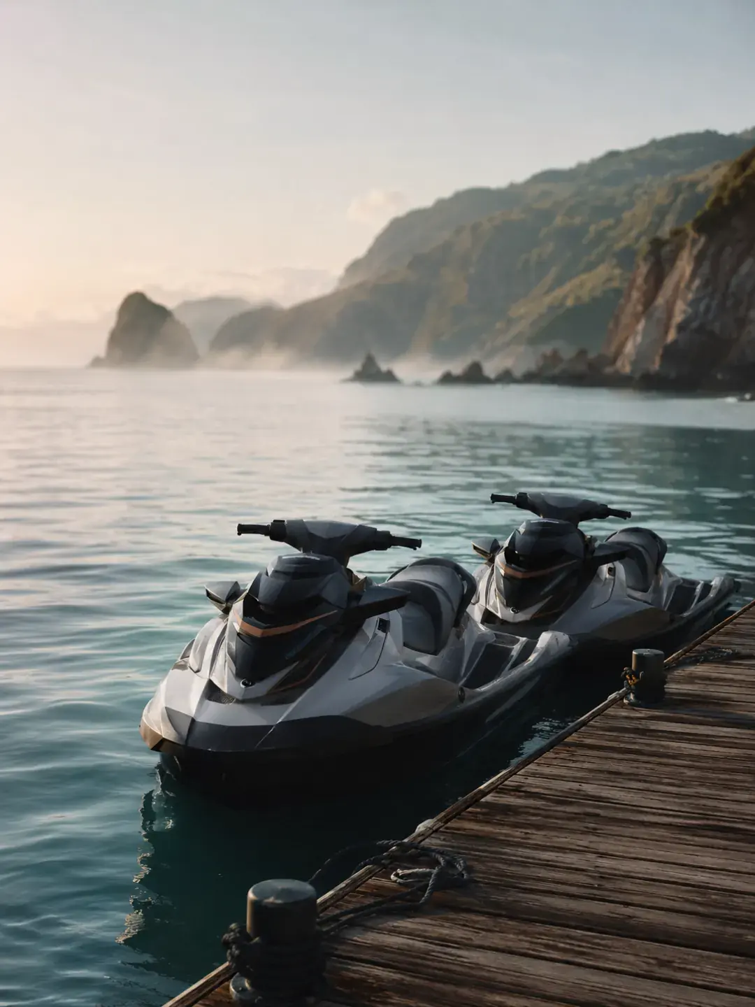Motos de agua listas para salir en bahía cantábrica al amanecer